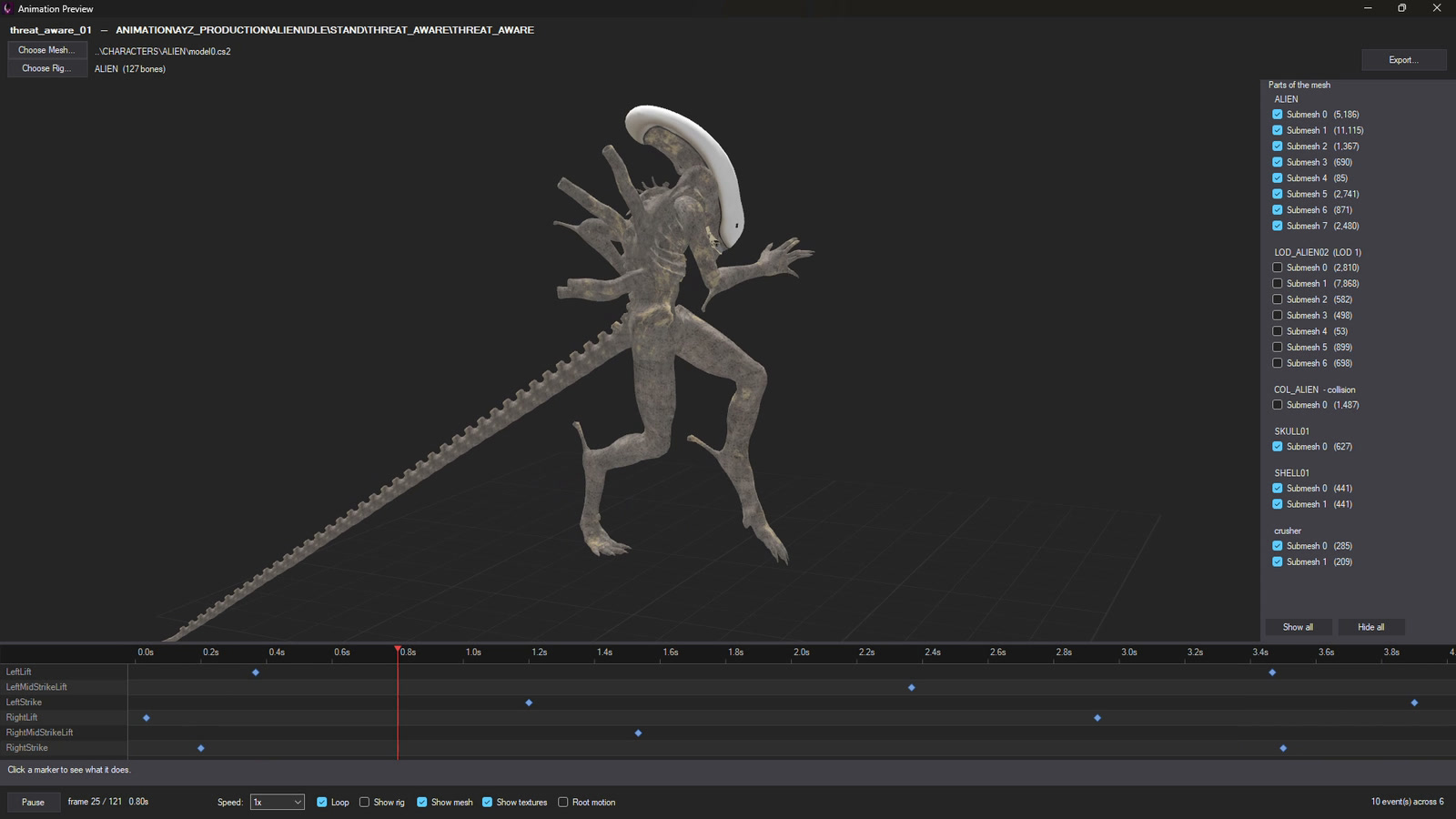 One of the alien's threat animations looping in the Animation Preview