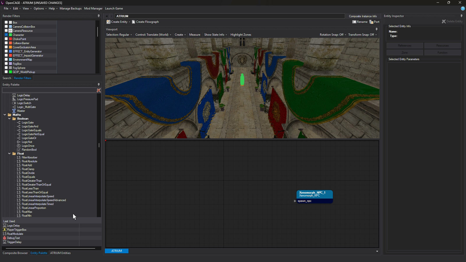 A script built in the Sponza atrium level: a PlayerTriggerBox and a LogicDelay dragged in, linked to spawn the alien, the trigger moved and sized in the viewport, the nodes moved together - then every step undone
