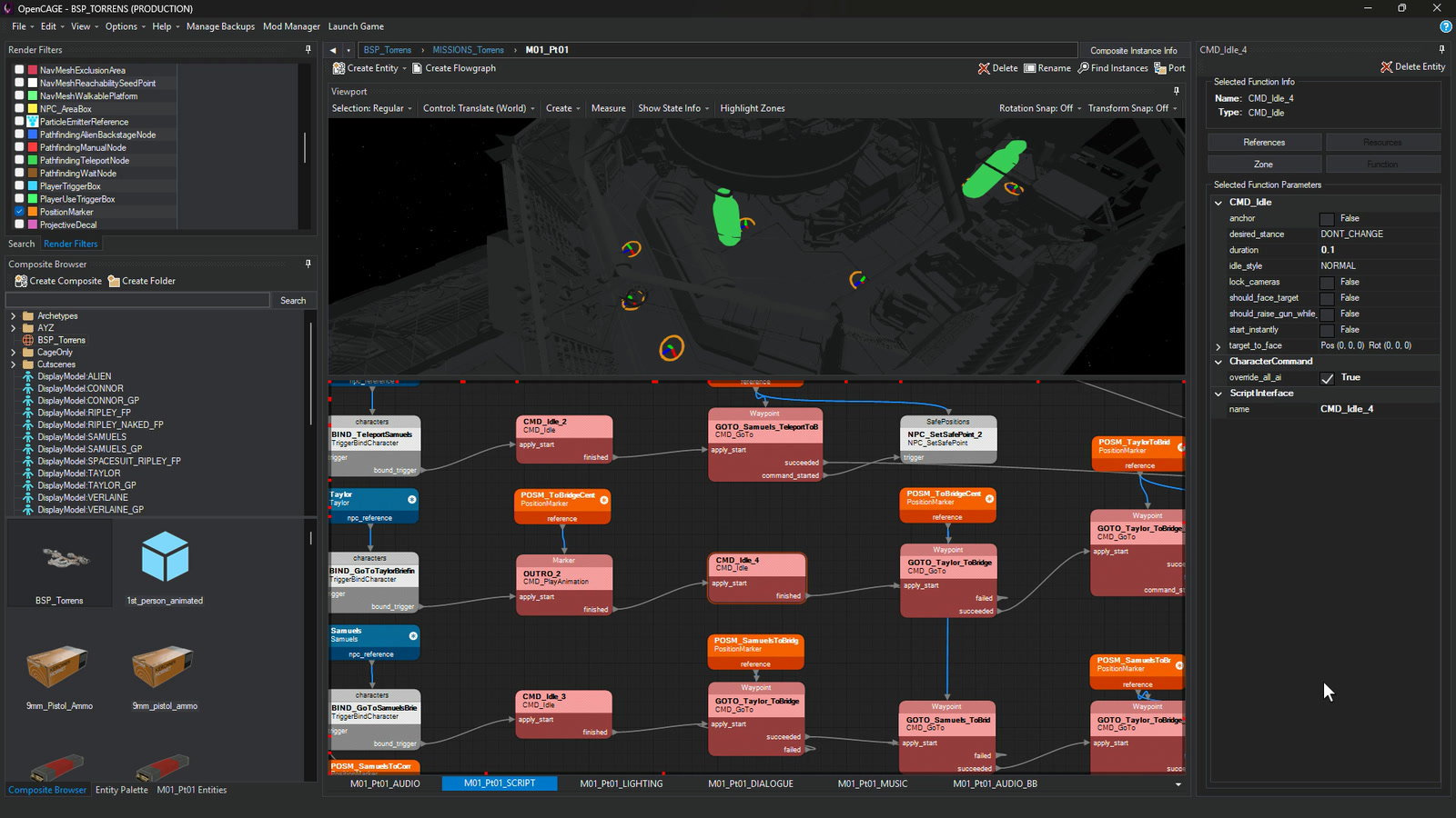 Browsing the Torrens' first mission script (M01_Pt01) in the flowgraph, with the 3D Viewport looking down into the bridge: a position marker selected, the page zoomed out, a glide into the logic for meeting Taylor, links followed with Show Connected Links and Go To, the Taylor character composite stepped into and out of, then back to the start