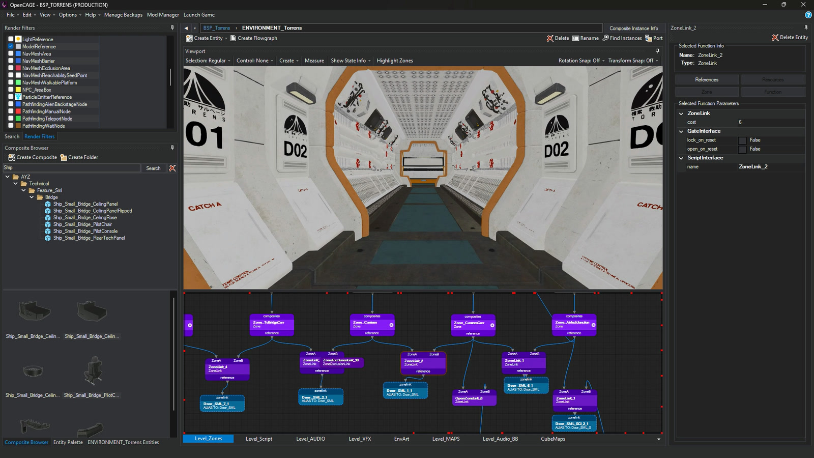 The 3D Viewport in the editor, stepped into each level's environment composite with one of its flowgraph pages below: a glide down a corridor on the Torrens (BSP_TORRENS), past The Spot on the upper floor of the shopping centre (HAB_SHOPPINGCENTRE) and up to the android lab's reception desk (SCI_ANDROIDLAB), each level crossfading into the next